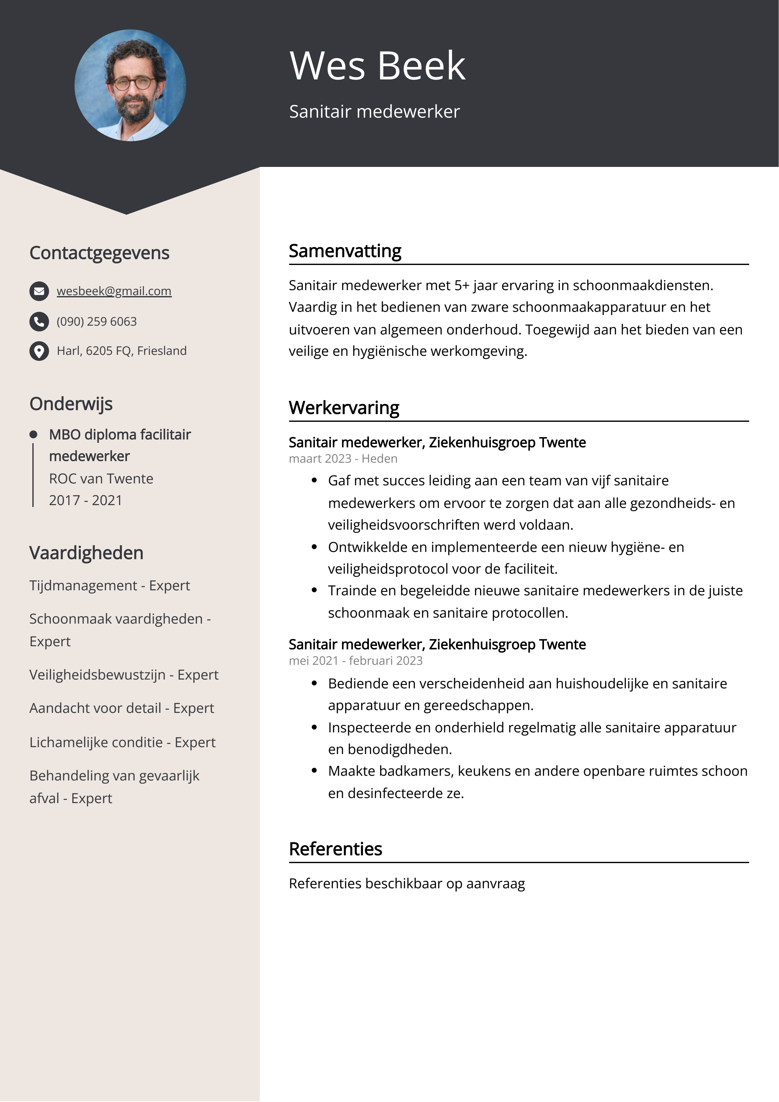 Sanitair medewerker CV Voorbeeld