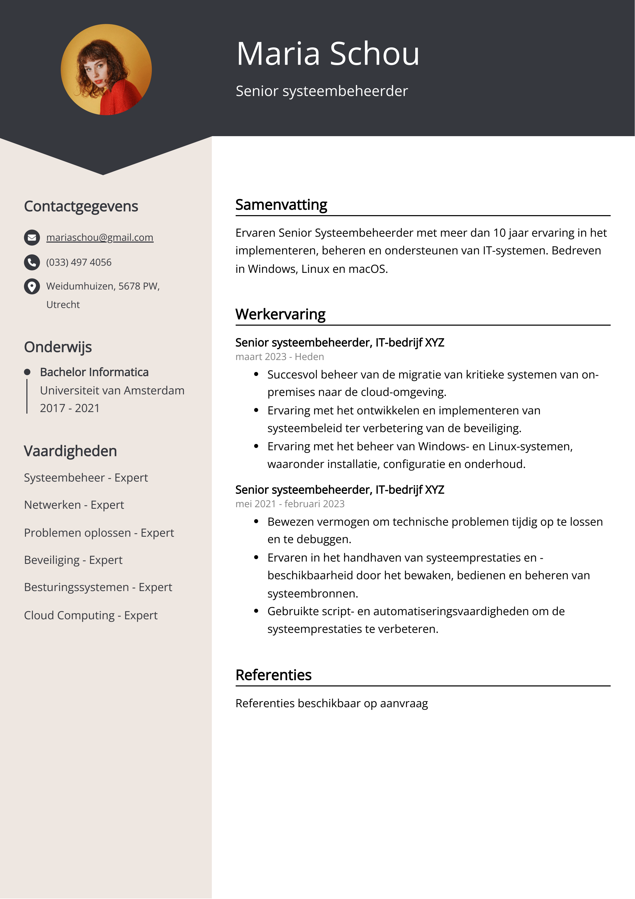 Senior systeembeheerder Resume Voorbeeld