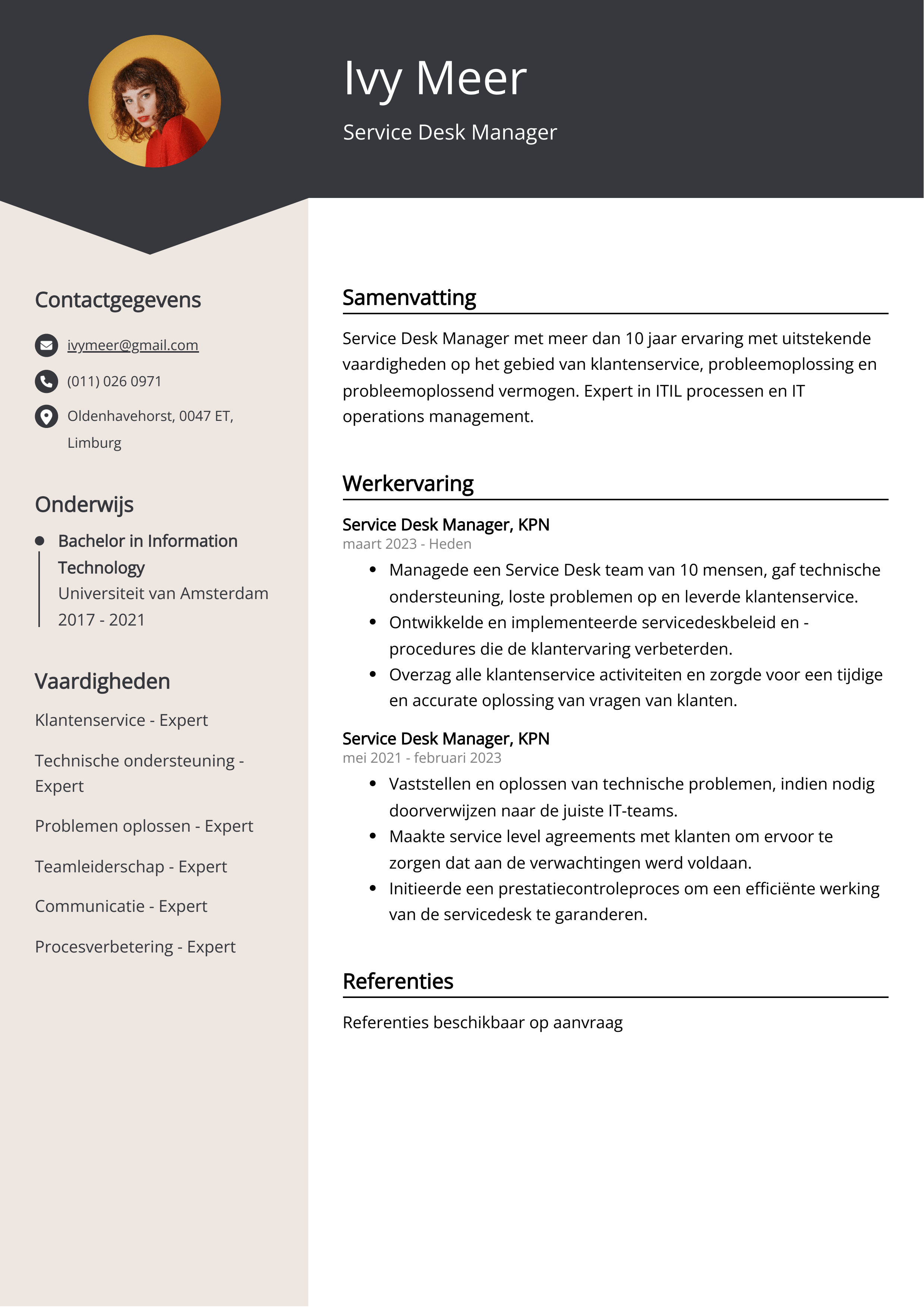 Service Desk Manager CV Voorbeeld