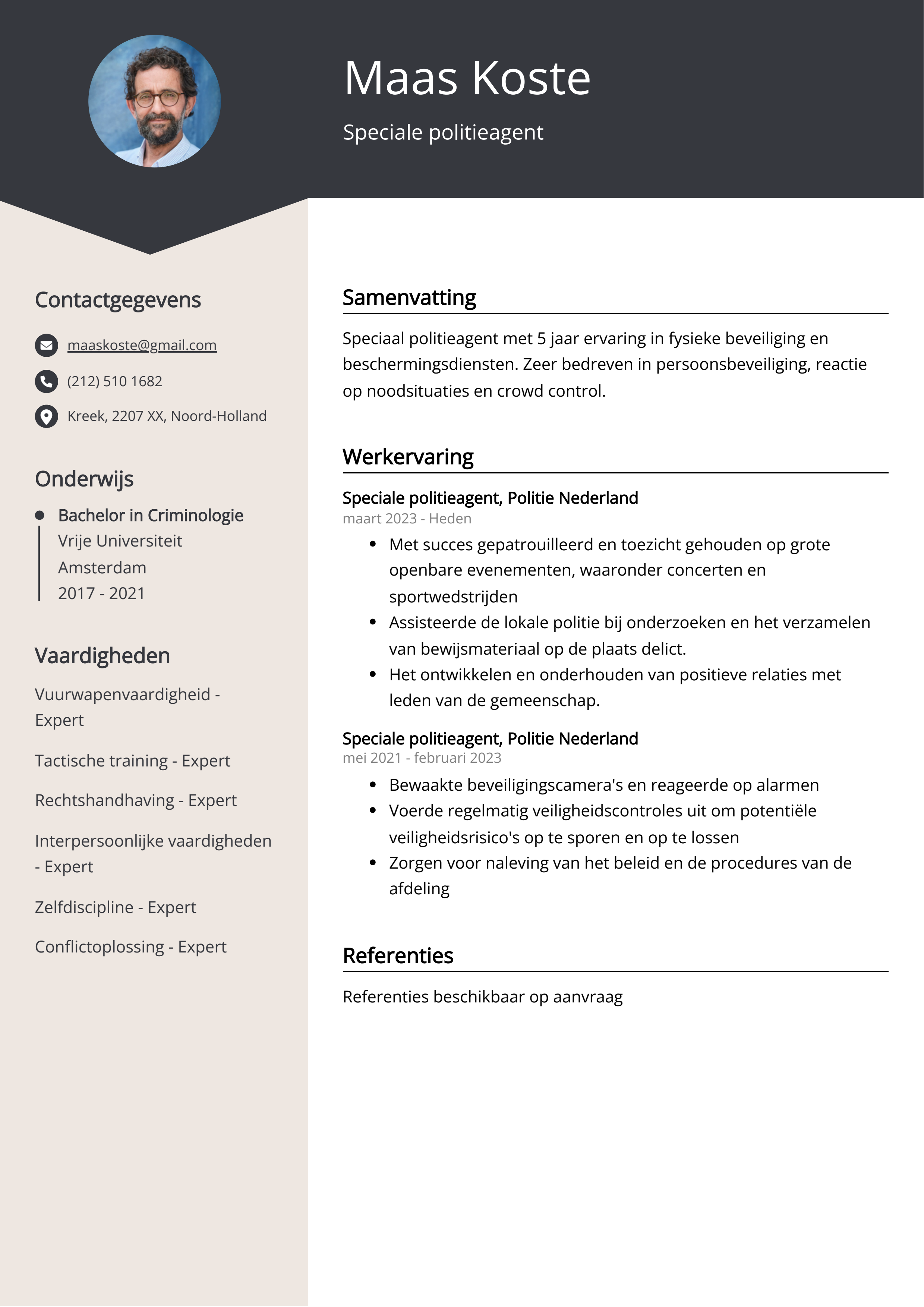 Speciaal politieagent CV Voorbeeld