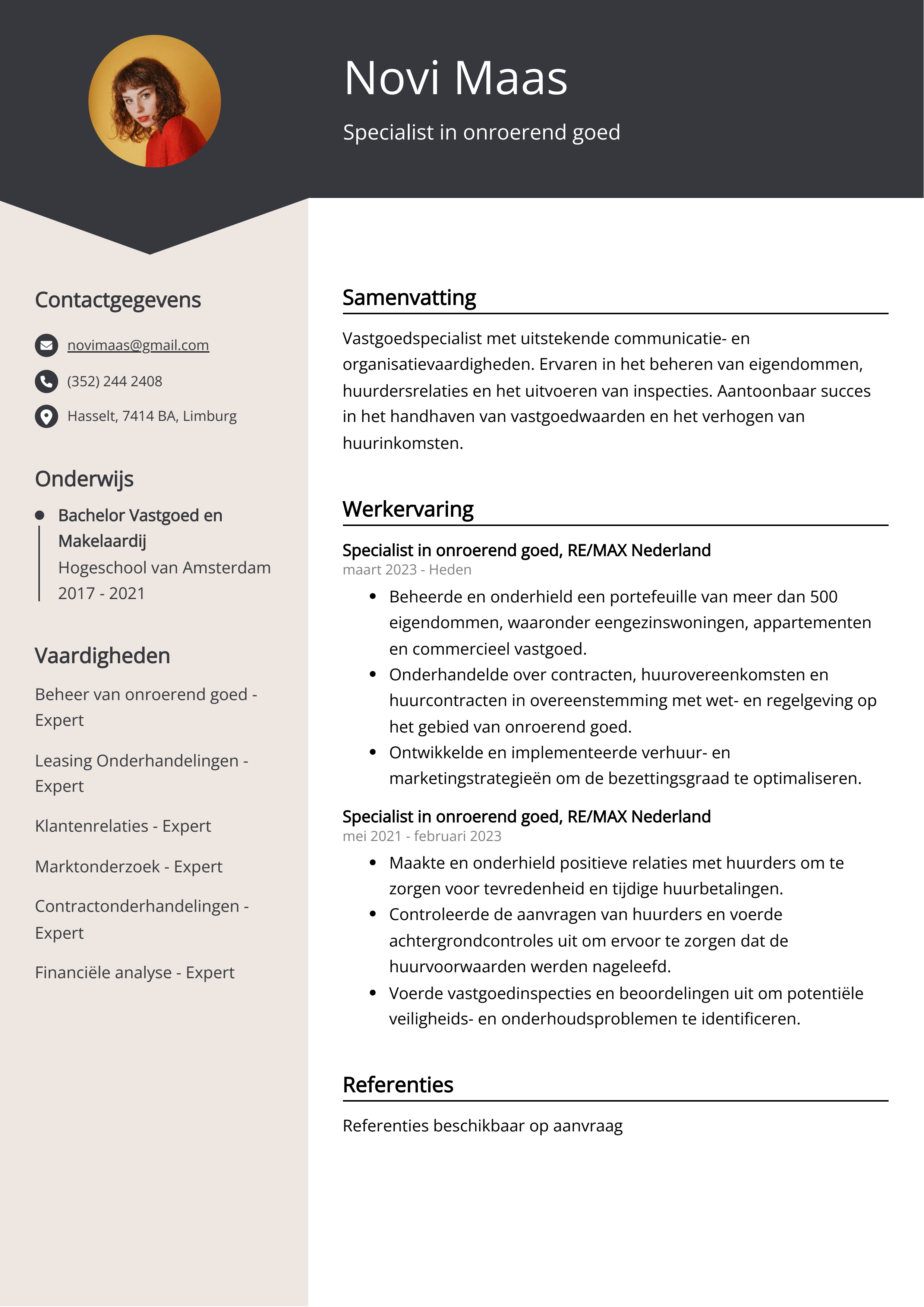 Specialist in onroerend goed CV Voorbeeld