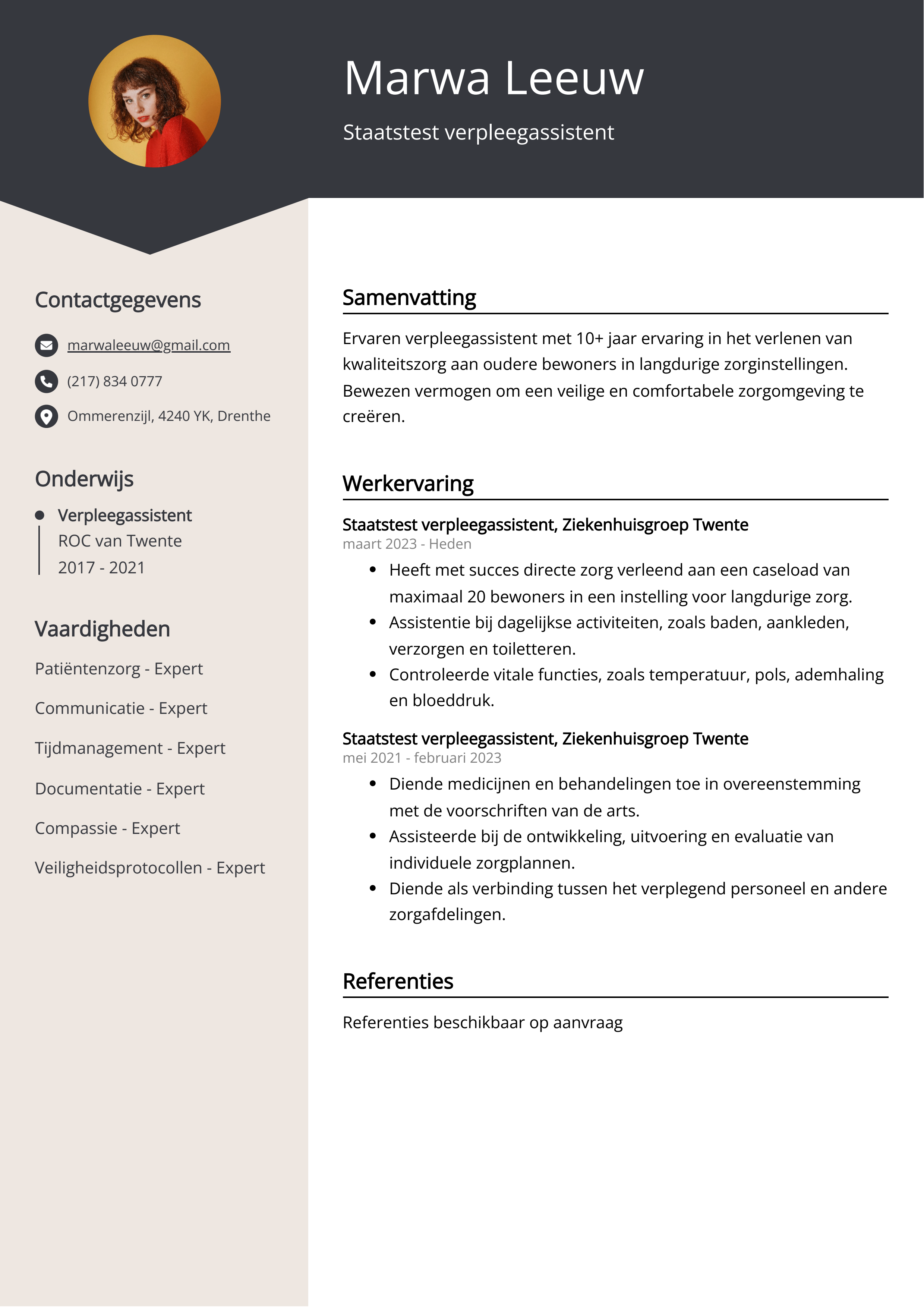 Staatstest verpleegassistent CV Voorbeeld