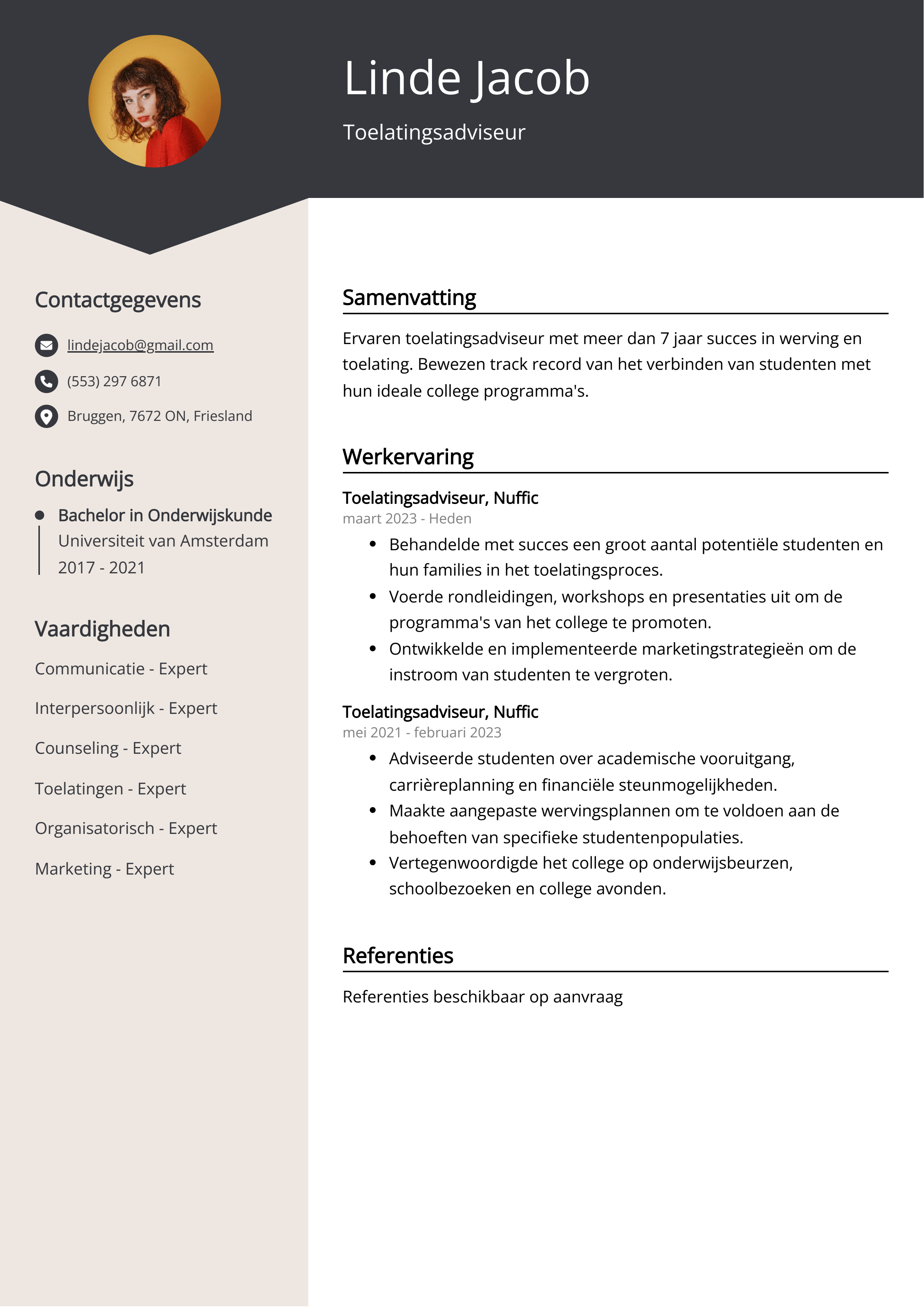 Toelatingsadviseur CV Voorbeeld