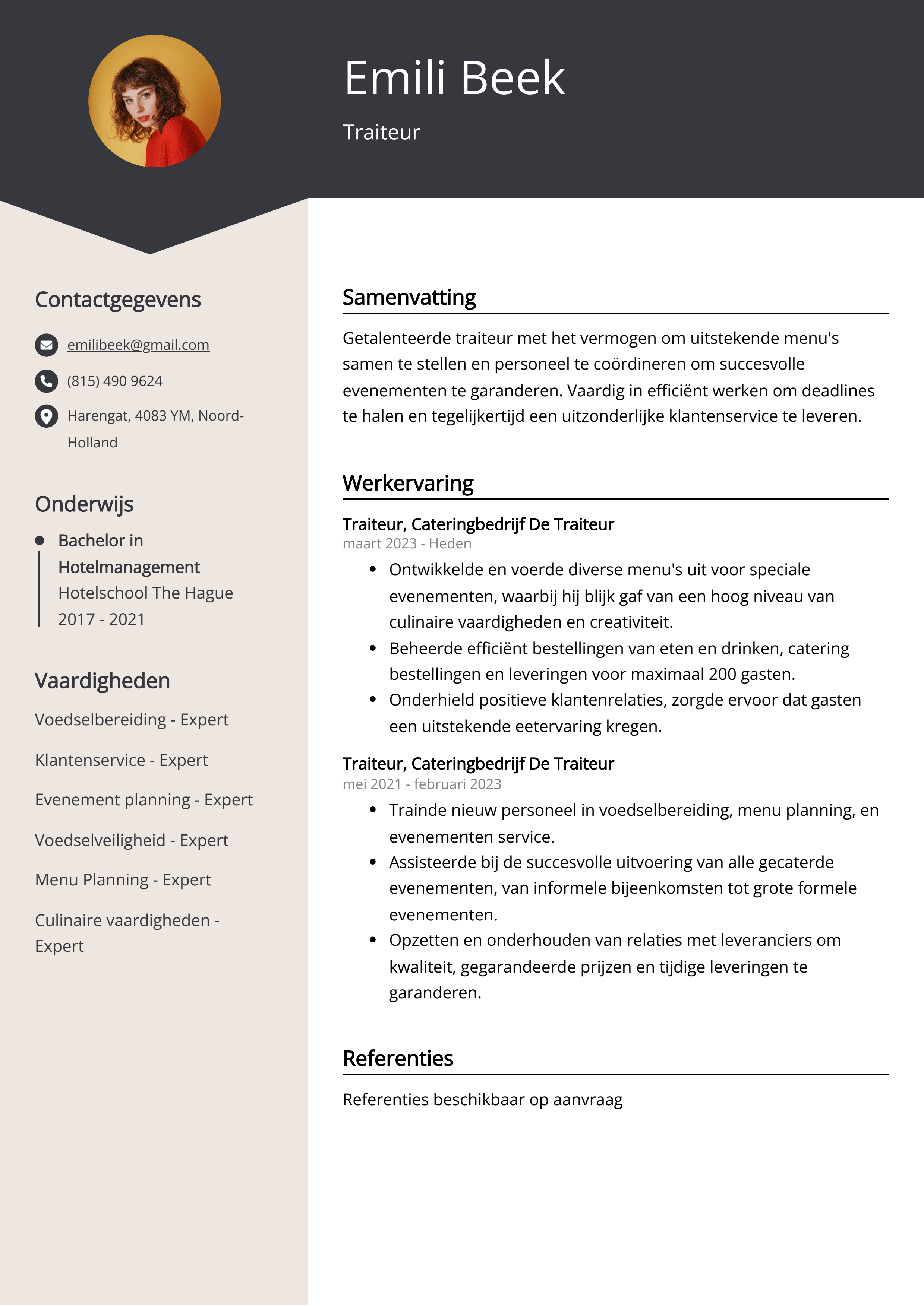 Traiteur CV Voorbeeld