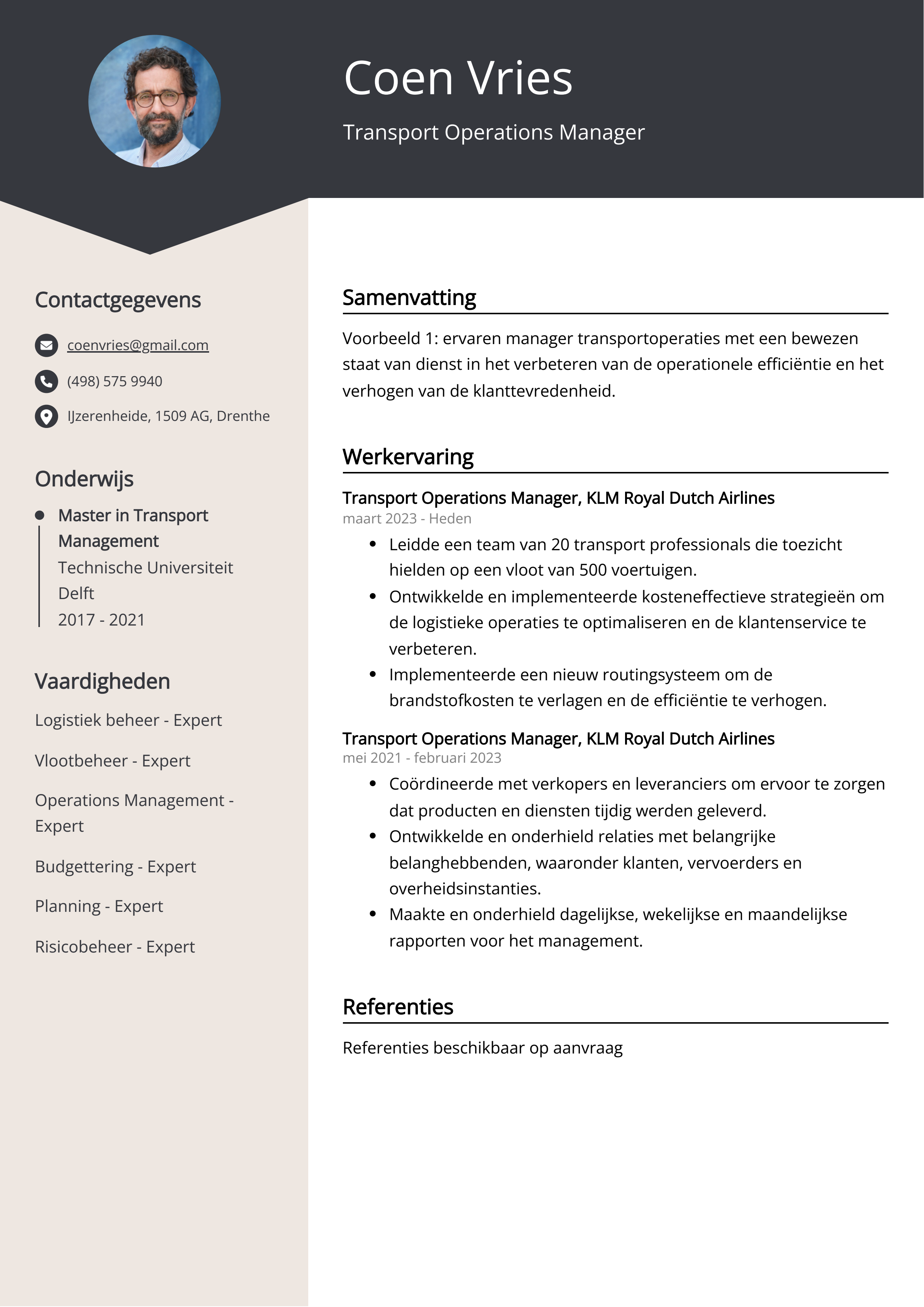 Transport Operations Manager CV Voorbeeld