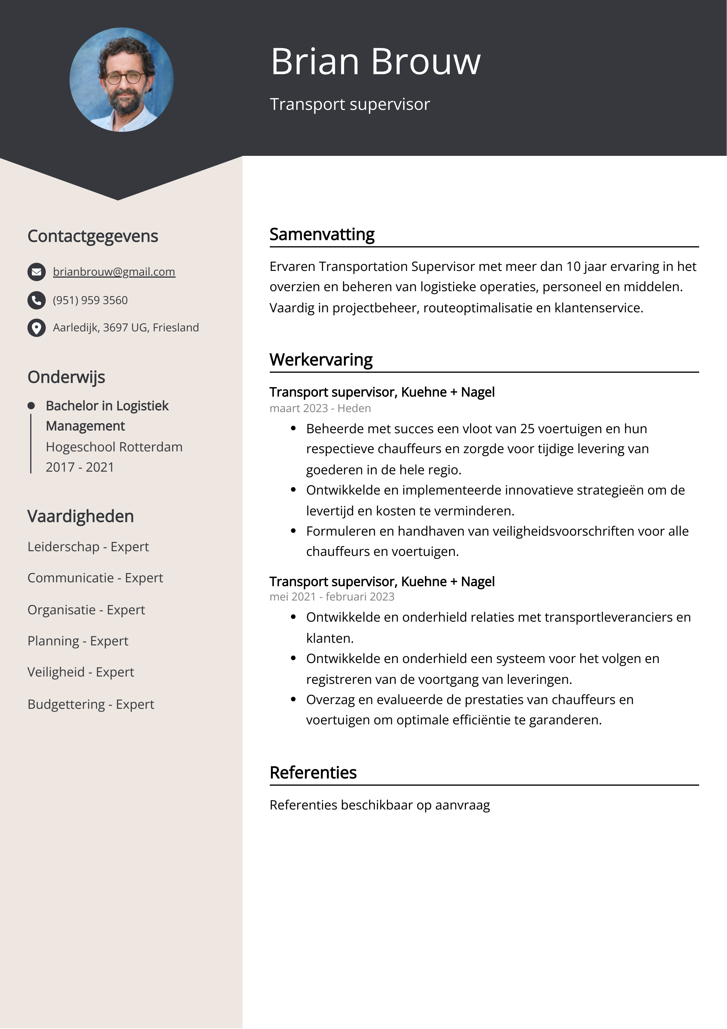 Transport supervisor cv voorbeeld