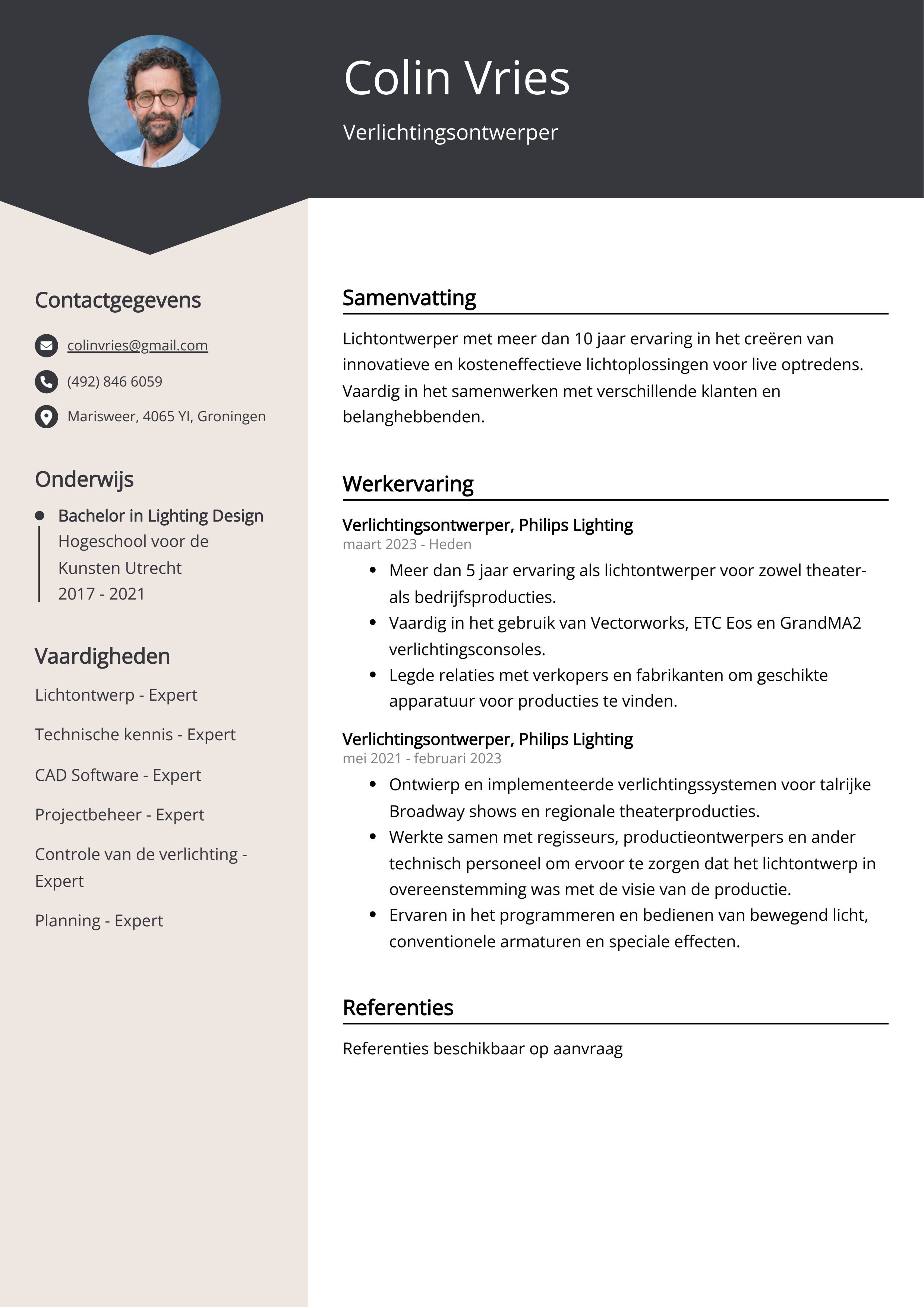 Verlichtingsontwerper CV Voorbeeld