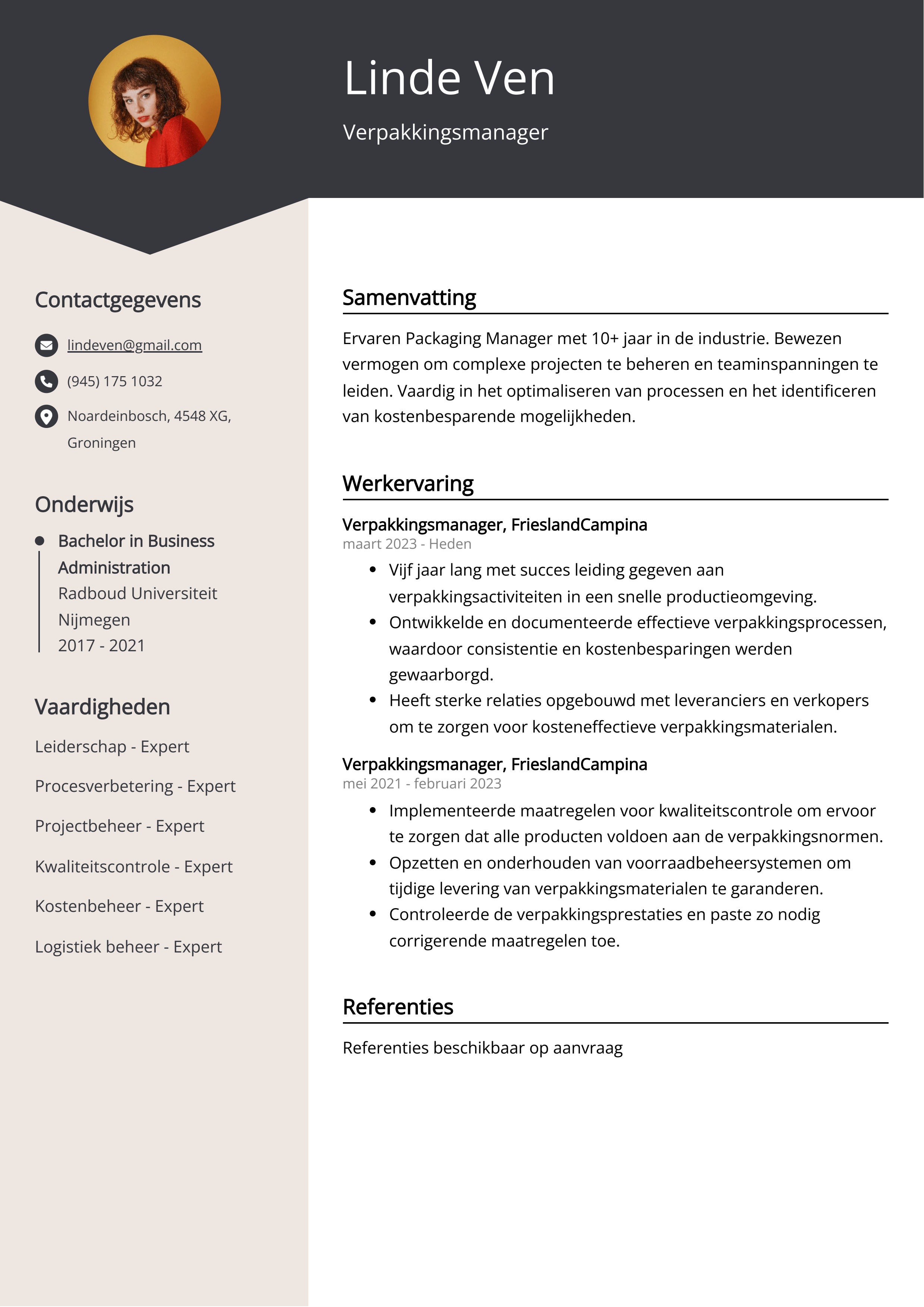 Verpakkingsmanager CV Voorbeeld