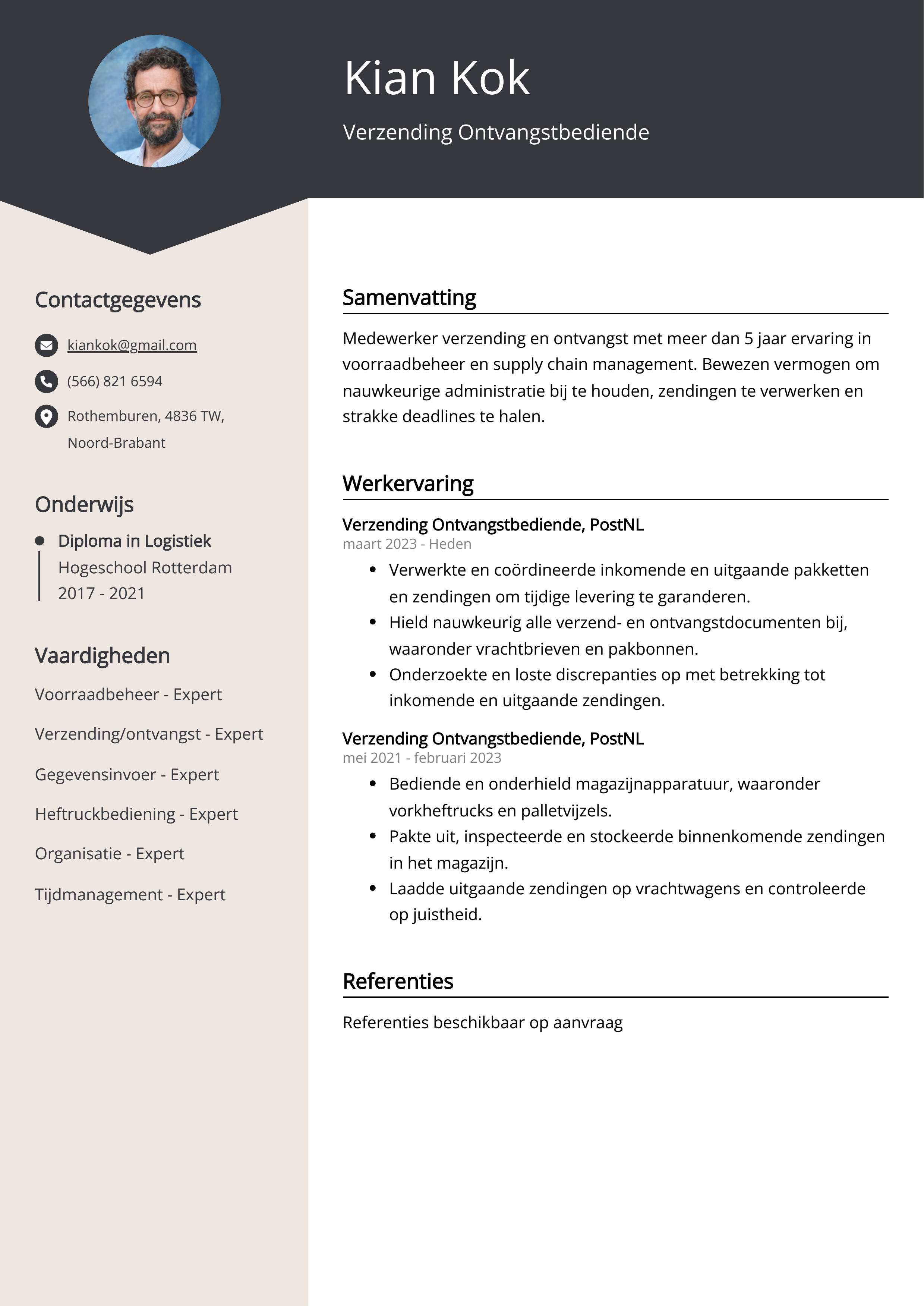 Verzending Ontvangstbediende CV Voorbeeld