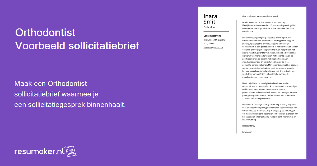 Sollicitatiebrief Orthodontist Functieomschrijving, voorbeeld