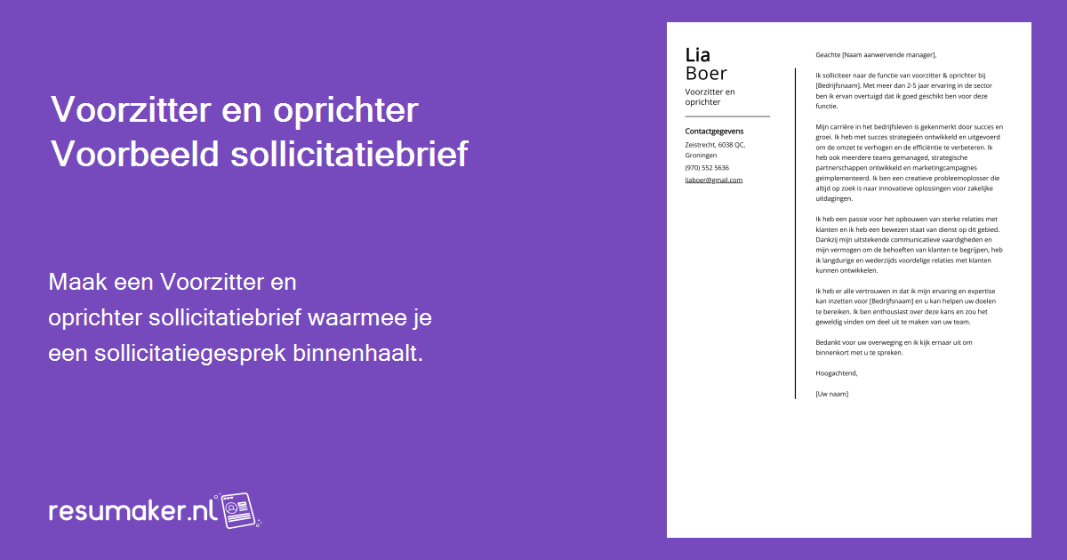 Voorzitter en oprichter motivatiebrief voorbeeld voor 2024
